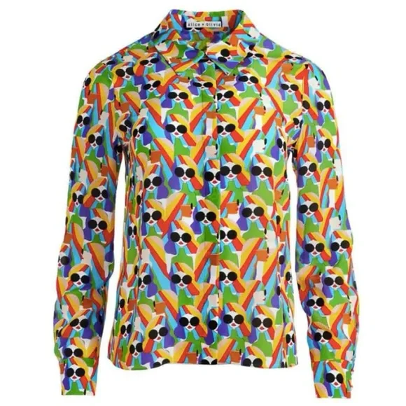 Alice & Olivia WILLA PLACKET TOP Button Down Silk Shirt Mod Stace - MEDIUM - Picture 5 of 12